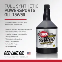 Red Line 15W50 Powersports Oil – Motorkerékpár, ATV, UTV olaj 100% Szintetikus PAO/Észter, 946ml