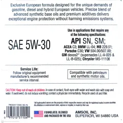 BACK LABEL Ulei motor 5W-30 sintetic Amsoil European LS, galon SUA, 3.8L AEL1G
